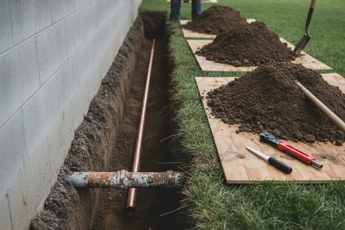 Excavated water line trench during Water Softener Installation in Whittier